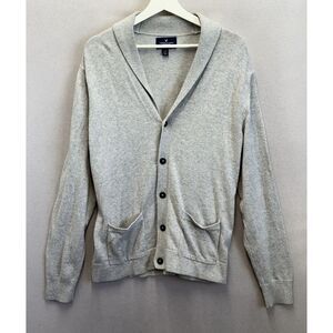 American Eagle Women's Sz L Gray Collared Pockets Cotton Cardigan‎ Sweater